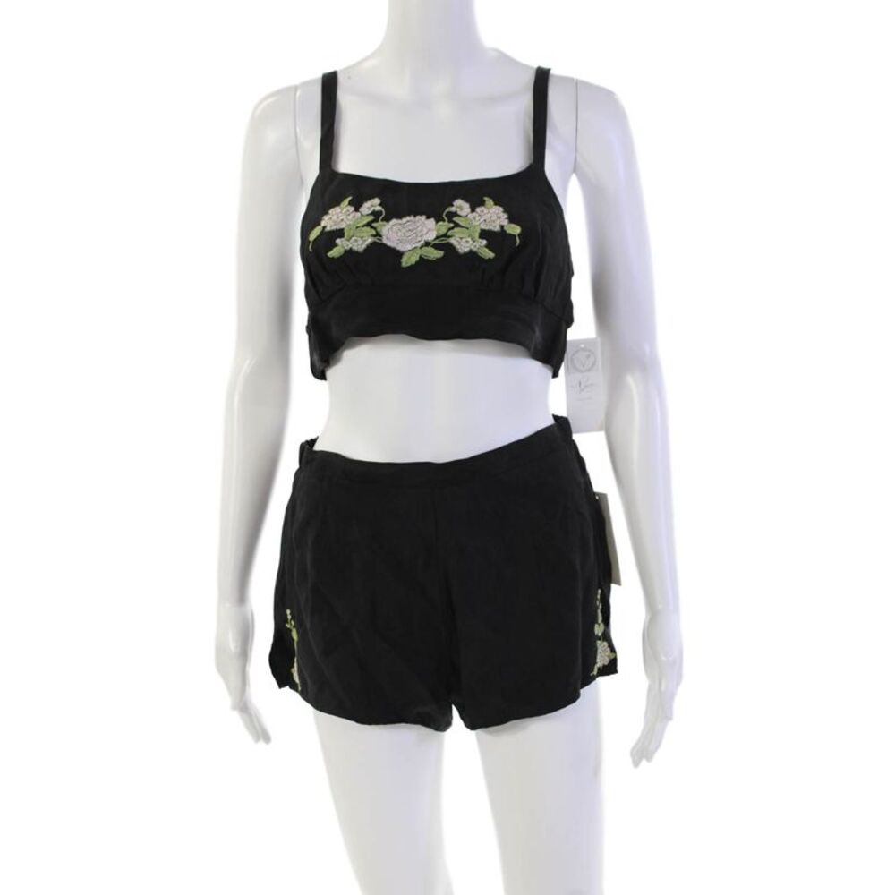 Rya Womens Floral Embroidered Elastic Waist Shorts & Top Sets Black Size S